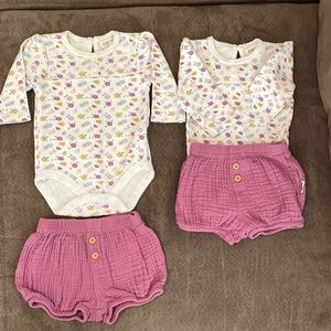 Rabbit & Bear Flower Bodysuit With Matching Purple Shorts. Great for twins